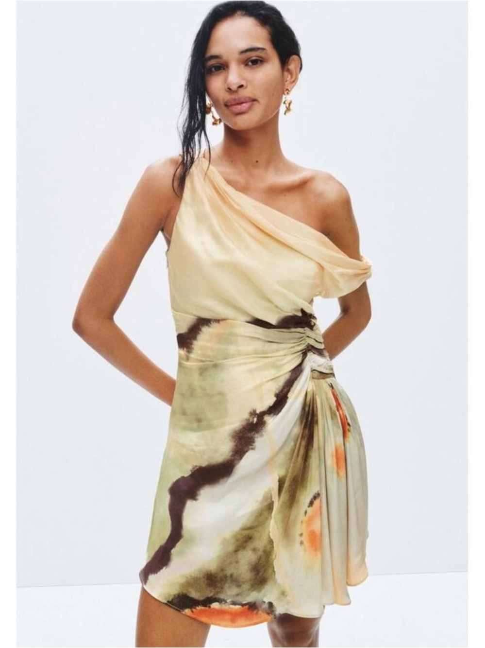 AMUR One-Shoulder Tie-Dye Mini Dress in Green and Cream with Orange Accents